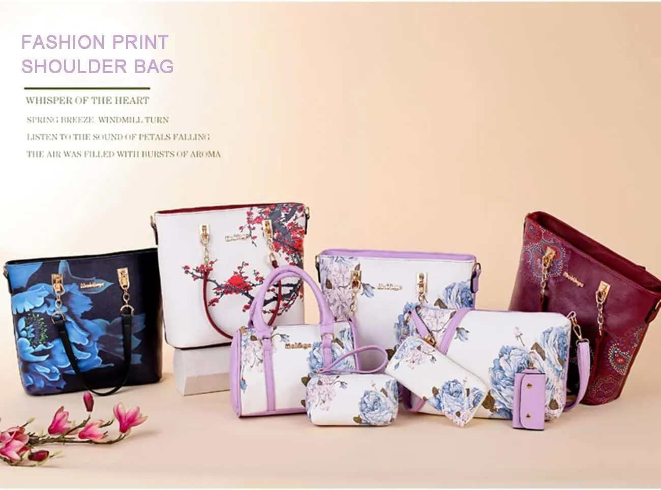 Women Floral Print 6PCS Handbag and Purse Set Leather Shoulder Tote Work Satchel