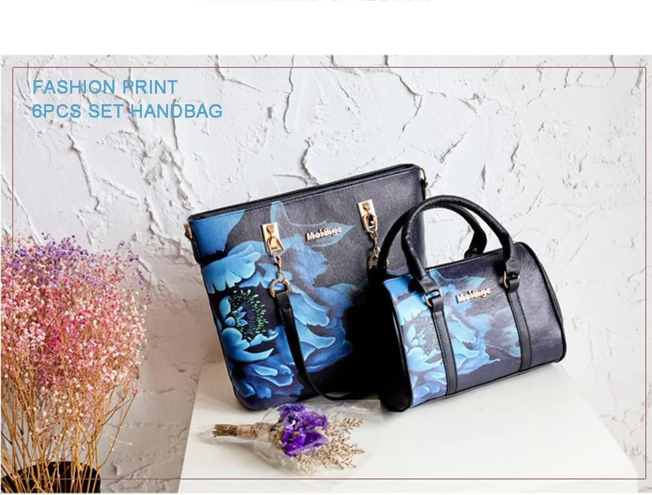 Women Floral Print 6PCS Handbag and Purse Set Leather Shoulder Tote Work Satchel