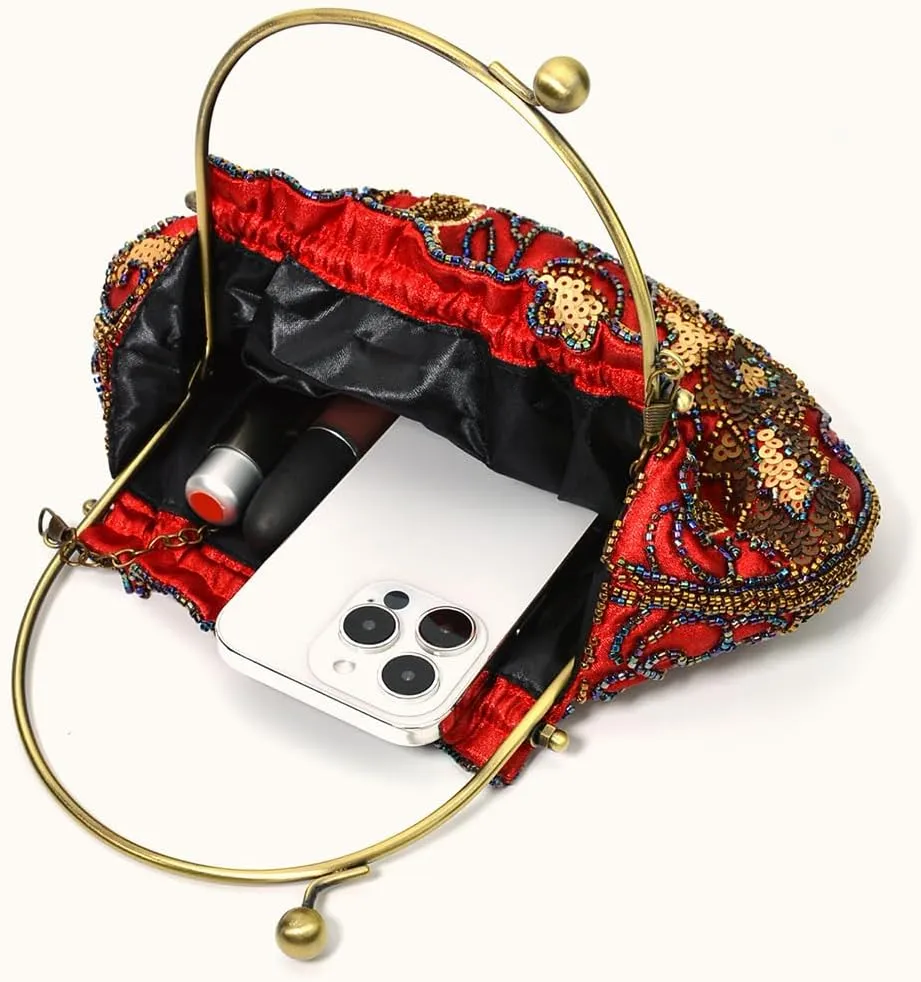 Women Retro Embroidered Evening Clutch Bag Floral Beaded Sequin Vintage Purse Wedding Party Top-handle Handbag Crossbody Bags