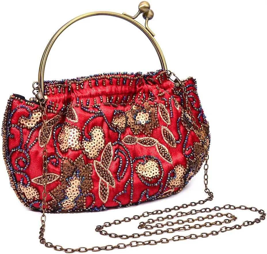 Women Retro Embroidered Evening Clutch Bag Floral Beaded Sequin Vintage Purse Wedding Party Top-handle Handbag Crossbody Bags