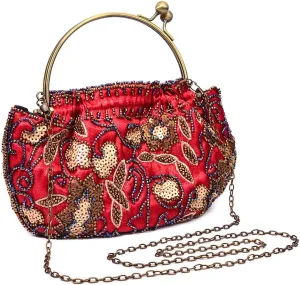 Women Retro Embroidered Evening Clutch Bag Floral Beaded Sequin Vintage Purse Wedding Party Top-handle Handbag Crossbody Bags