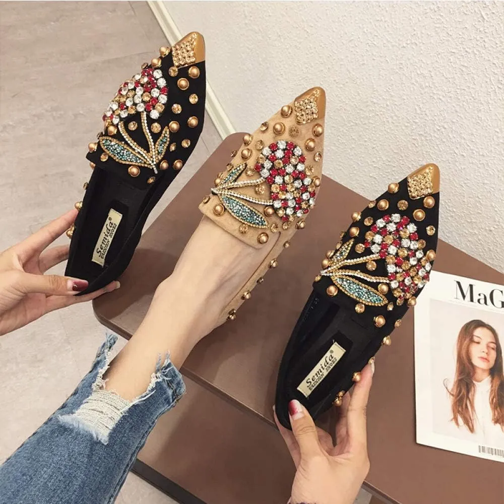 Women Rhinestone Flats Slip On Pointed Toe Sparkle Flats Faux Suede Ballet Embellished Flats