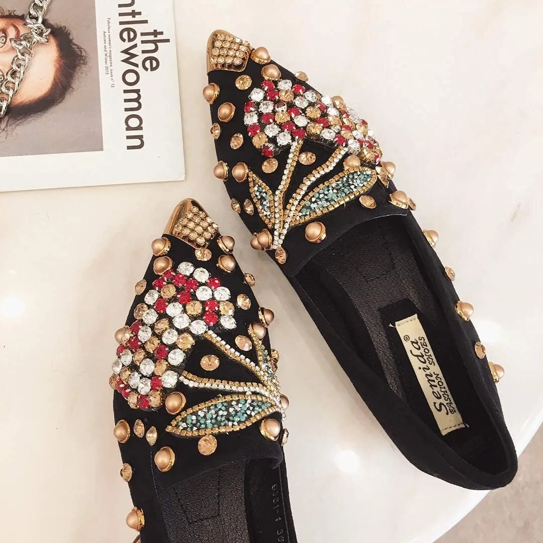 Women Rhinestone Flats Slip On Pointed Toe Sparkle Flats Faux Suede Ballet Embellished Flats