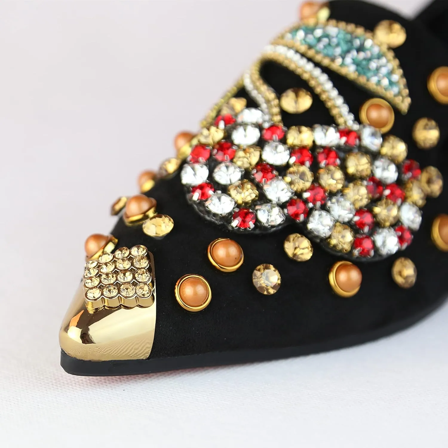 Women Rhinestone Flats Slip On Pointed Toe Sparkle Flats Faux Suede Ballet Embellished Flats
