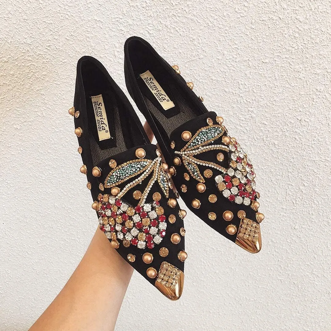 Women Rhinestone Flats Slip On Pointed Toe Sparkle Flats Faux Suede Ballet Embellished Flats