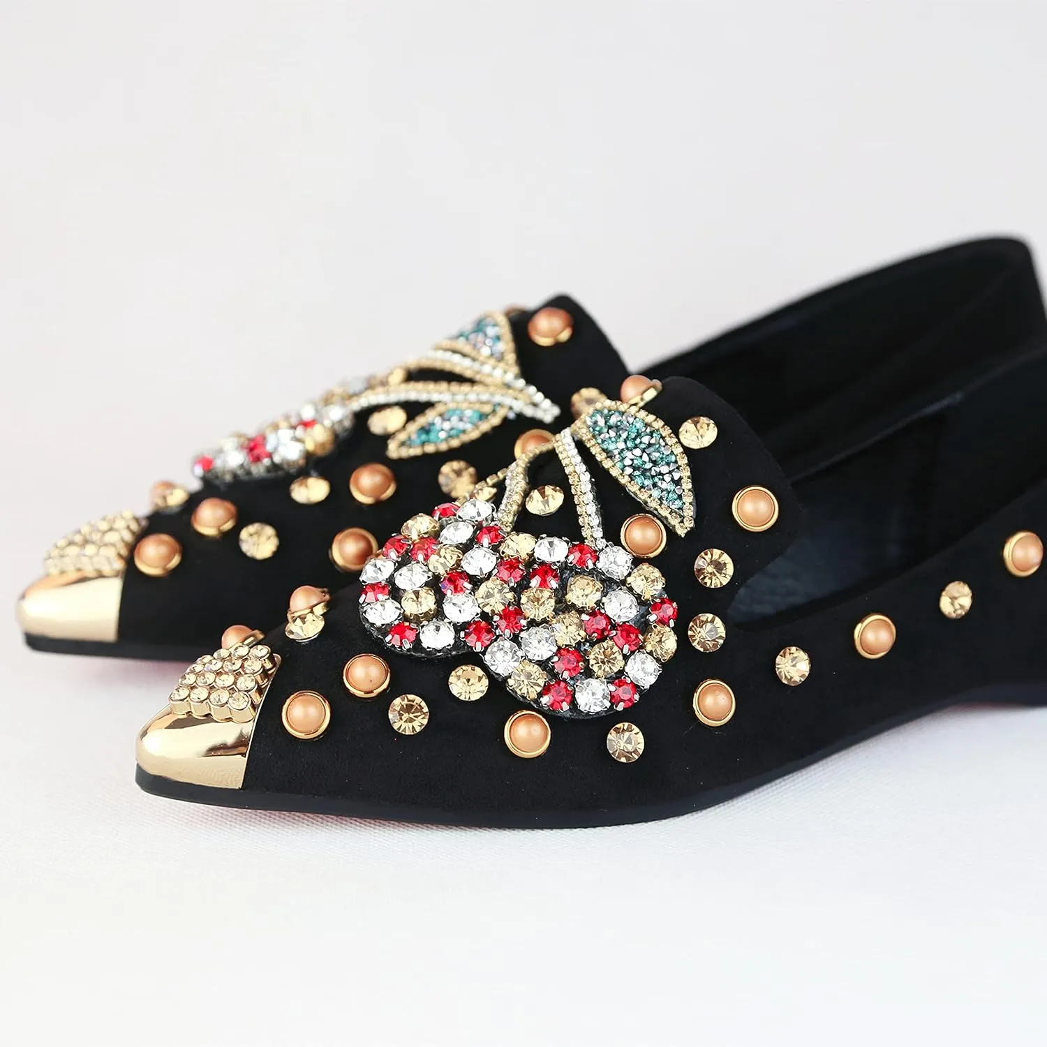 Women Rhinestone Flats Slip On Pointed Toe Sparkle Flats Faux Suede Ballet Embellished Flats