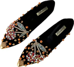 Women Rhinestone Flats Slip On Pointed Toe Sparkle Flats Faux Suede Ballet Embellished Flats