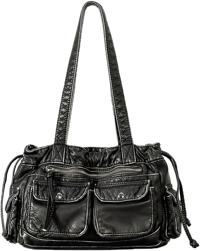Women Shoulder Bag PU Leather Drawstring Motorcycle Bags Large Capacity Multiple Pockets Tote Handbag