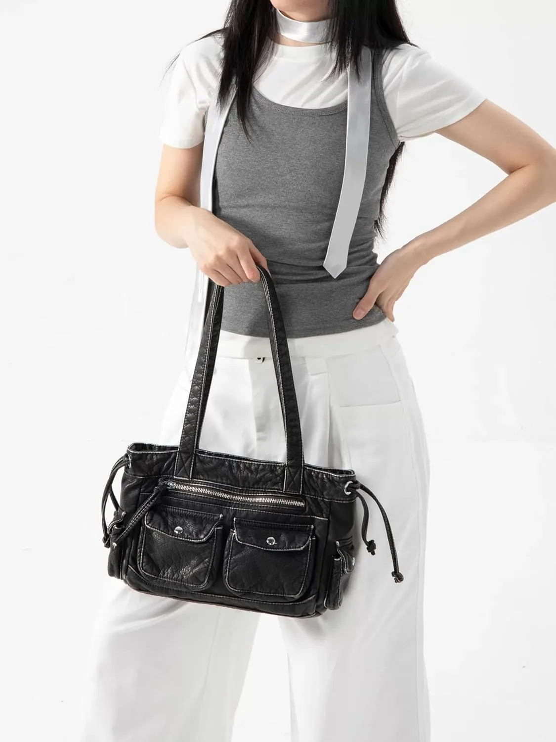 Women Shoulder Bag PU Leather Drawstring Motorcycle Bags Large Capacity Multiple Pockets Tote Handbag