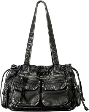 Women Shoulder Bag PU Leather Drawstring Motorcycle Bags Large Capacity Multiple Pockets Tote Handbag