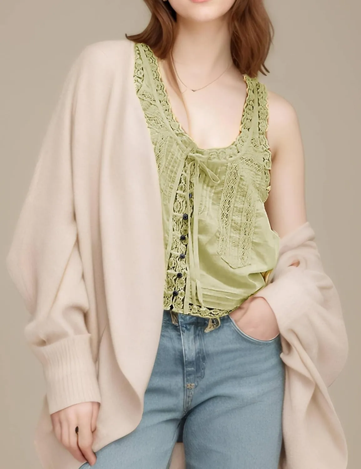 Women Sleeveless Ruffled Lace Tank Top Boho Summer Vacation Top Button Down Front Tie Mesh Lace Cami Shirt