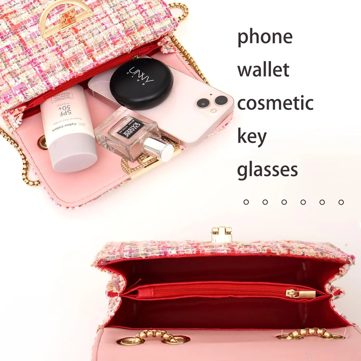 Women Tweed Small Shoulder Bag Handbag and Purse Fashion Ladies Chain Quilted Crossbody Bag Evening Bag Clutch