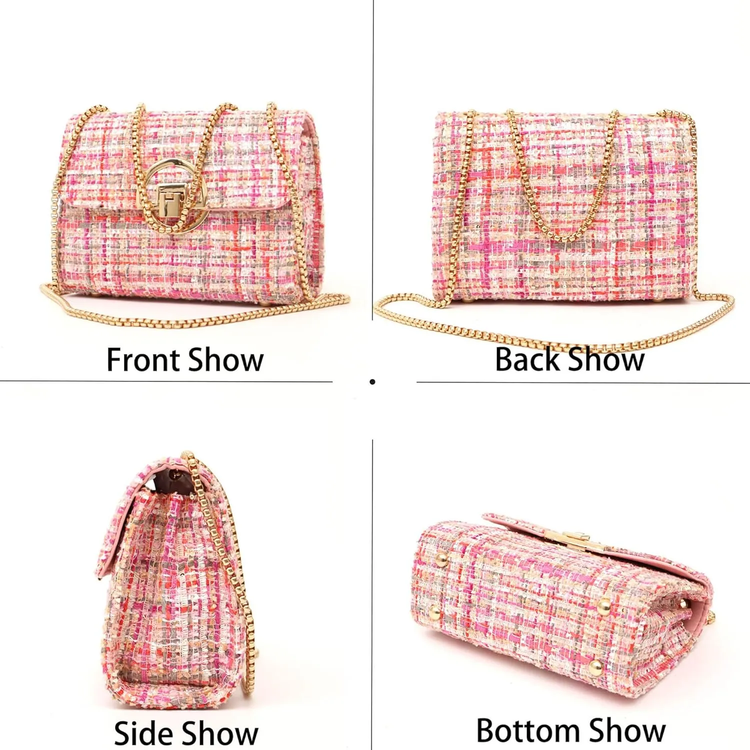Women Tweed Small Shoulder Bag Handbag and Purse Fashion Ladies Chain Quilted Crossbody Bag Evening Bag Clutch
