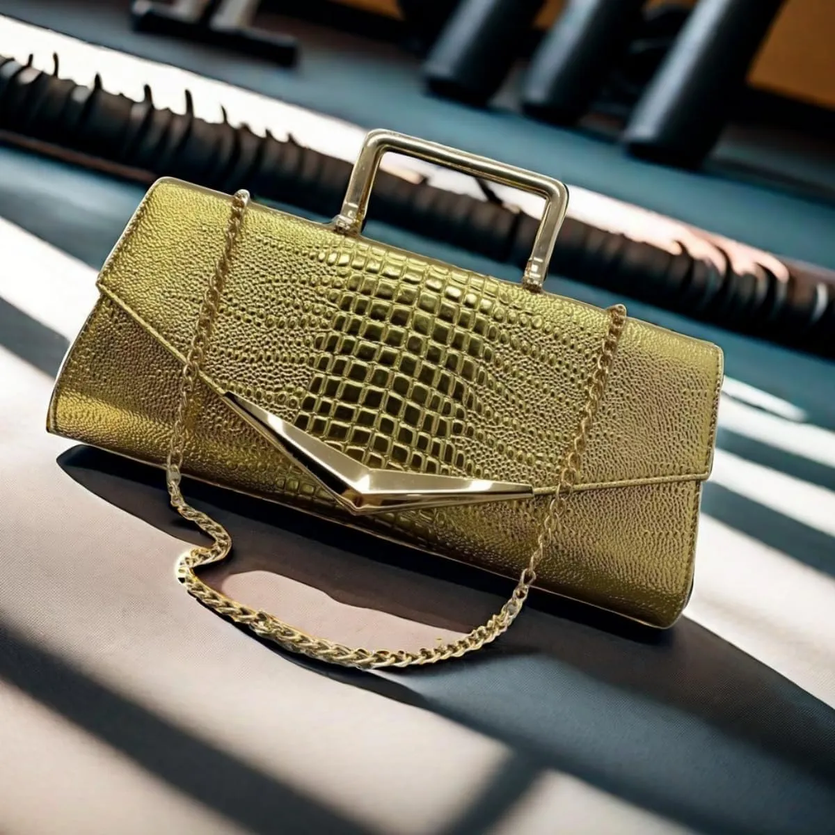 Women Vegan Leather Evening Handbag Crocodile Pattern Handle Clutch Purse Cross Body Envelope Bag
