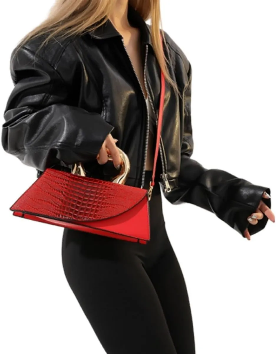 Women Vegan Leather Evening Handbag Crocodile Pattern Handle Clutch Purse Cross Body Envelope Bag