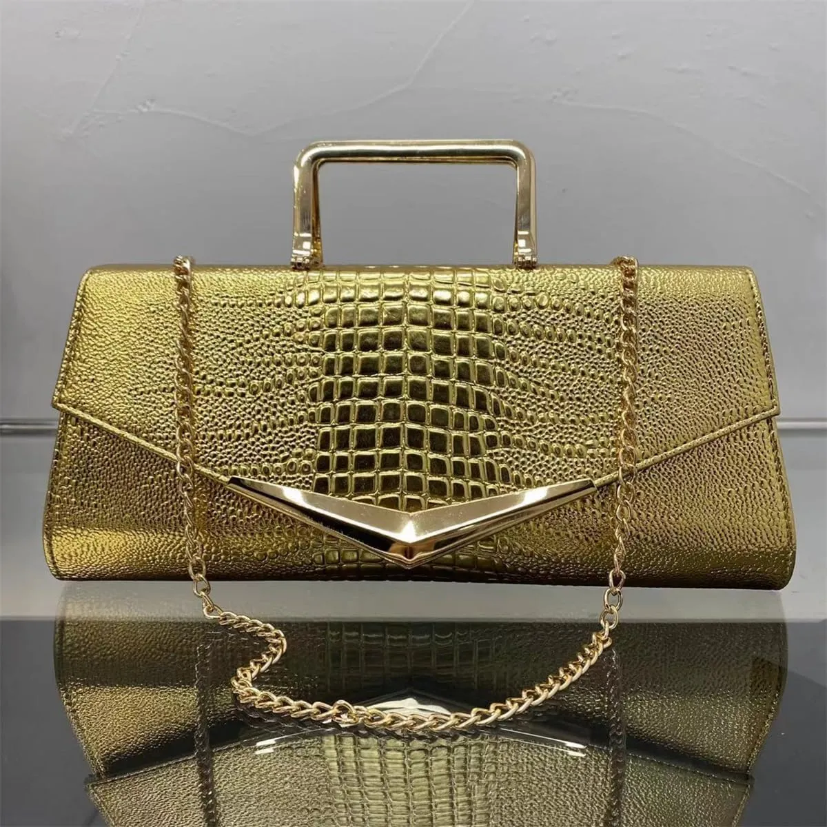 Women Vegan Leather Evening Handbag Crocodile Pattern Handle Clutch Purse Cross Body Envelope Bag