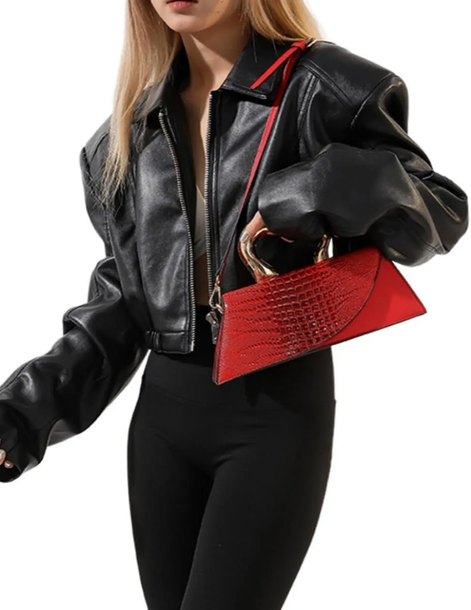 Women Vegan Leather Evening Handbag Crocodile Pattern Handle Clutch Purse Cross Body Envelope Bag