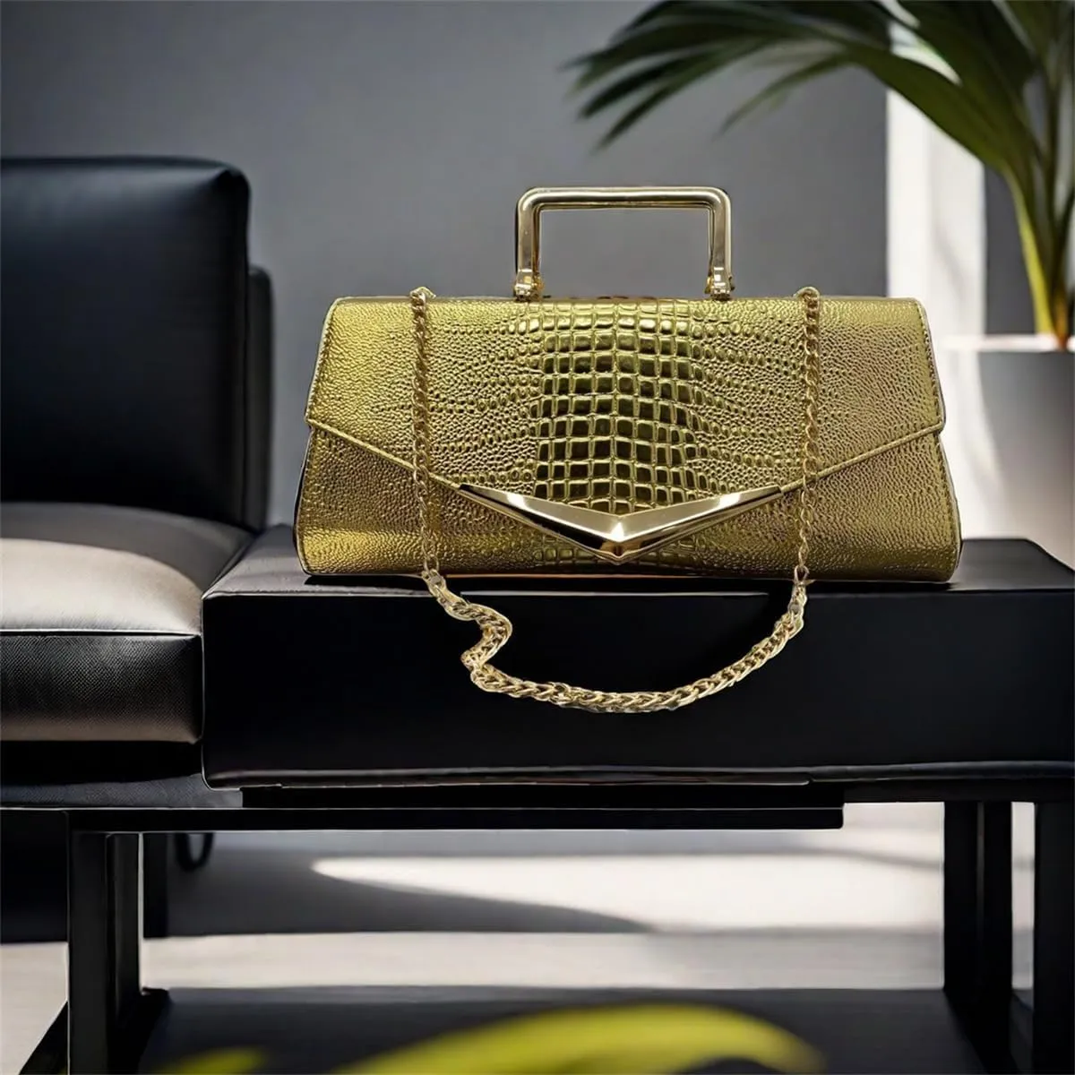 Women Vegan Leather Evening Handbag Crocodile Pattern Handle Clutch Purse Cross Body Envelope Bag