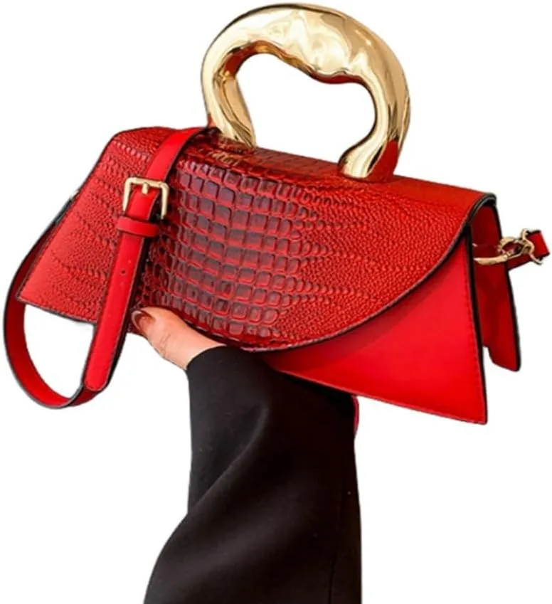 Women Vegan Leather Evening Handbag Crocodile Pattern Handle Clutch Purse Cross Body Envelope Bag