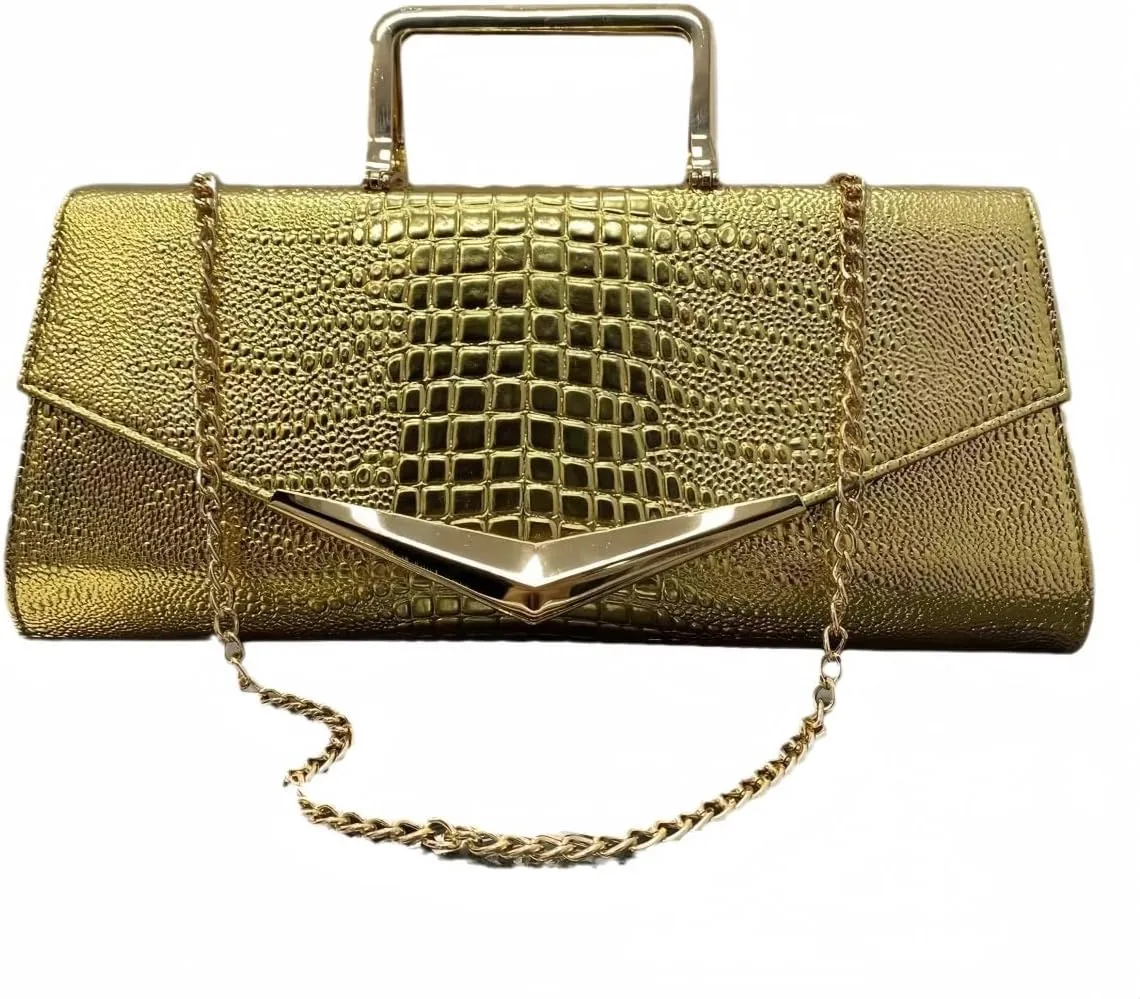 Women Vegan Leather Evening Handbag Crocodile Pattern Handle Clutch Purse Cross Body Envelope Bag