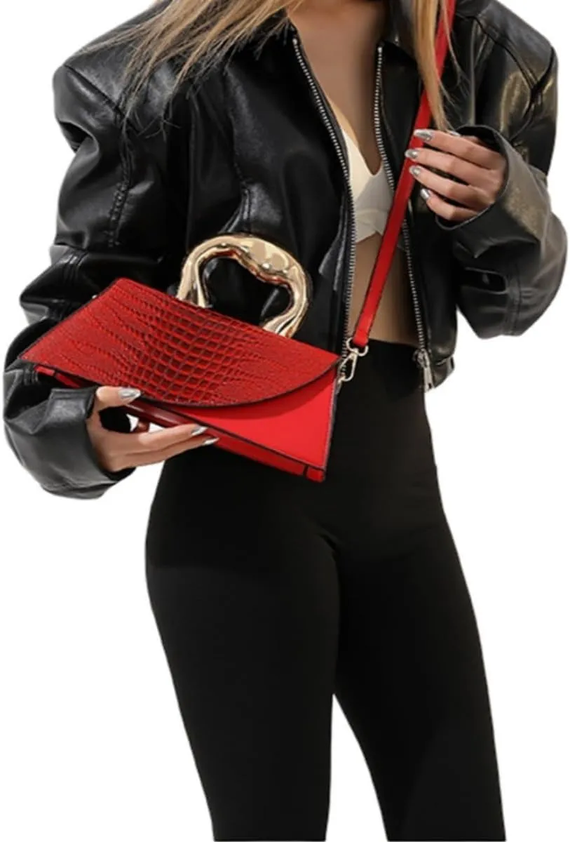 Women Vegan Leather Evening Handbag Crocodile Pattern Handle Clutch Purse Cross Body Envelope Bag