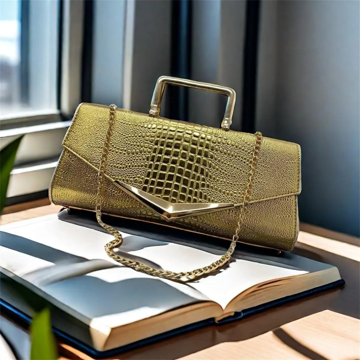 Women Vegan Leather Evening Handbag Crocodile Pattern Handle Clutch Purse Cross Body Envelope Bag