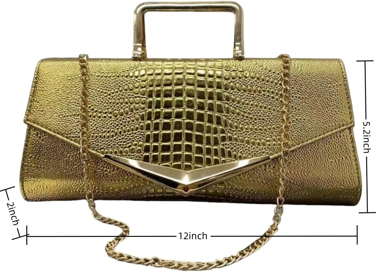 Women Vegan Leather Evening Handbag Crocodile Pattern Handle Clutch Purse Cross Body Envelope Bag