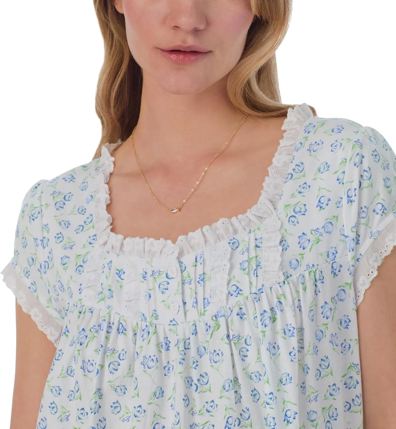 Women's 100% Cotton Knit Short Sleeve Nightgown, Lace Trim, Pintuck Neckline, 36” Length