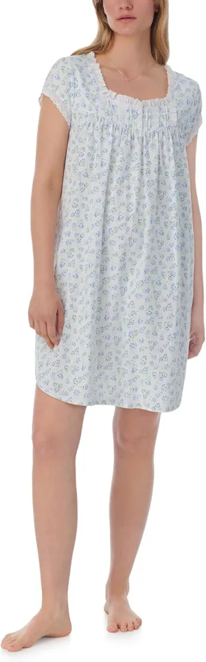 Women's 100% Cotton Knit Short Sleeve Nightgown, Lace Trim, Pintuck Neckline, 36” Length