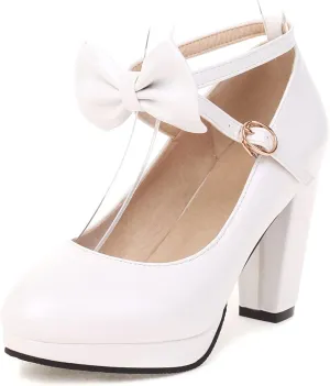 Women's Ankle Strap High Heel Mary Jane Heels with Bow, Retro Lolita Round Toe Mary Jane Pumps, Closed Toe Platform Vintage Shoes