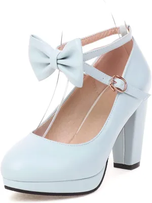 Women's Ankle Strap High Heel Mary Jane Heels with Bow, Retro Lolita Round Toe Mary Jane Pumps, Closed Toe Platform Vintage Shoes
