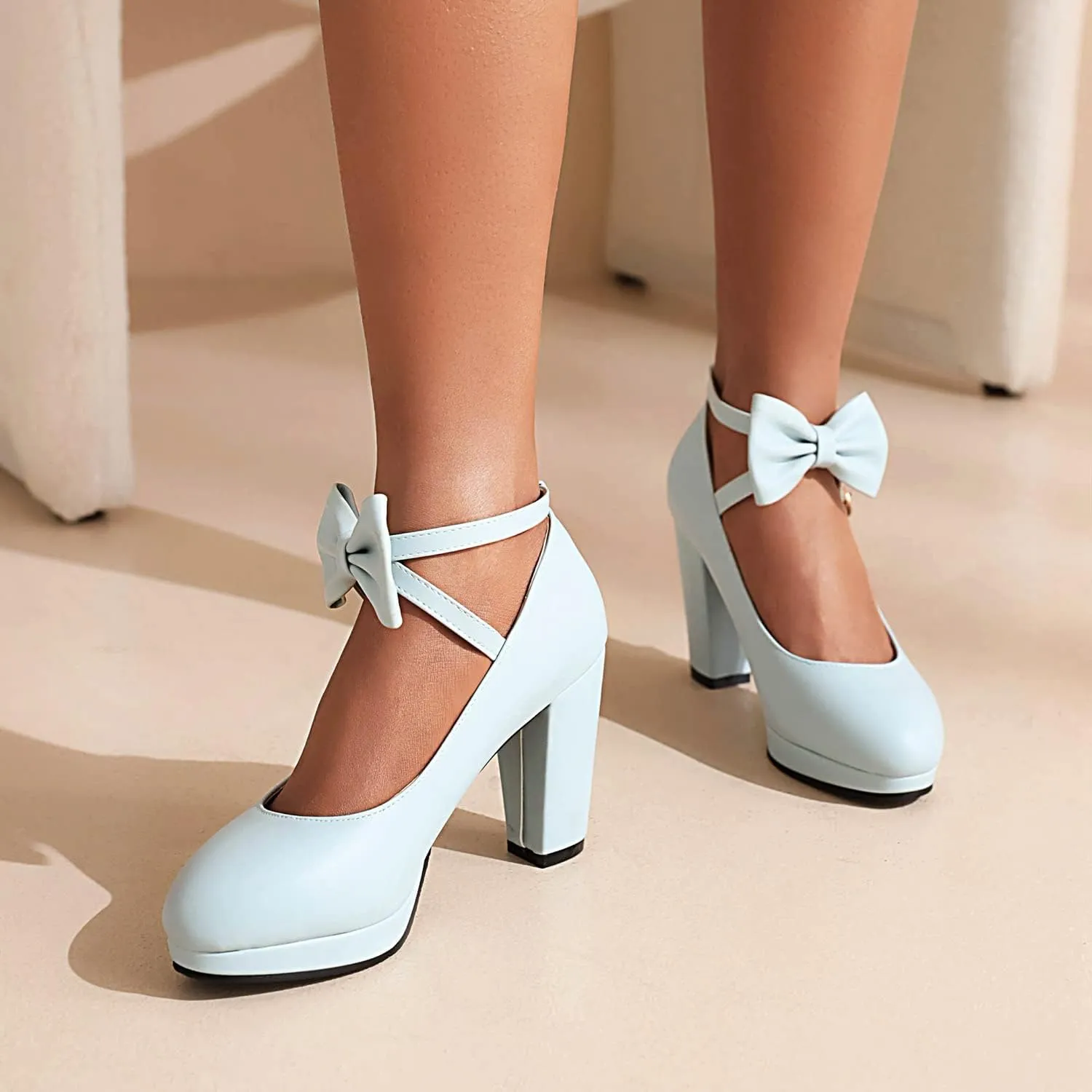 Women's Ankle Strap High Heel Mary Jane Heels with Bow, Retro Lolita Round Toe Mary Jane Pumps, Closed Toe Platform Vintage Shoes