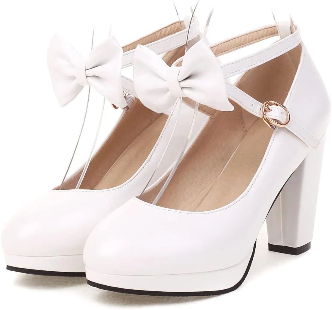 Women's Ankle Strap High Heel Mary Jane Heels with Bow, Retro Lolita Round Toe Mary Jane Pumps, Closed Toe Platform Vintage Shoes