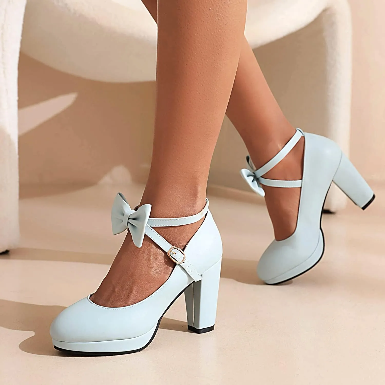 Women's Ankle Strap High Heel Mary Jane Heels with Bow, Retro Lolita Round Toe Mary Jane Pumps, Closed Toe Platform Vintage Shoes