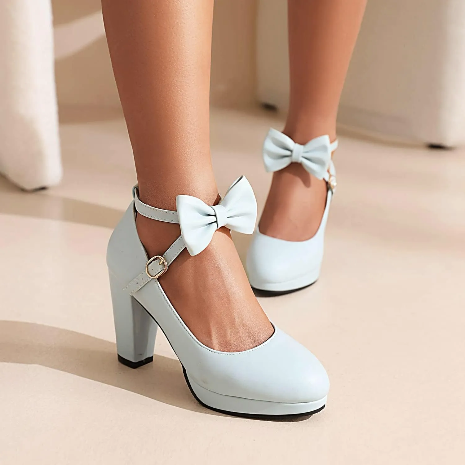 Women's Ankle Strap High Heel Mary Jane Heels with Bow, Retro Lolita Round Toe Mary Jane Pumps, Closed Toe Platform Vintage Shoes