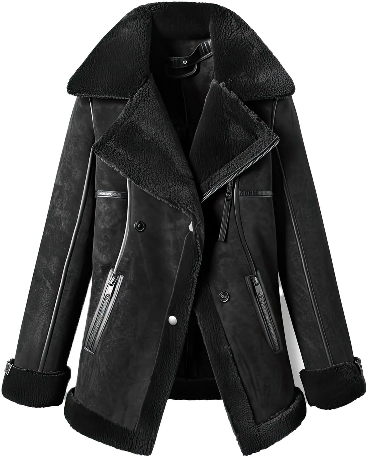 Women’s Black Genuine Suede Aviator Coat – Elegant Sherpa Shearling Faux Fur Lined Mid-Length Pilot Leather Jacket