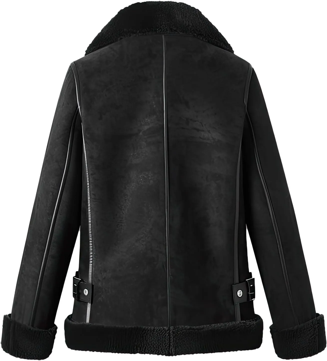 Women’s Black Genuine Suede Aviator Coat – Elegant Sherpa Shearling Faux Fur Lined Mid-Length Pilot Leather Jacket