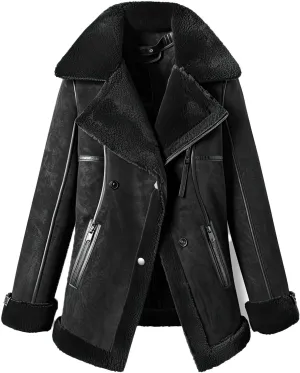 Women’s Black Genuine Suede Aviator Coat – Elegant Sherpa Shearling Faux Fur Lined Mid-Length Pilot Leather Jacket