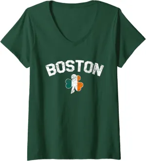 Womens Boston St. Patrick's Day Parade Party Shamrock Irish Flag V-Neck T-Shirt