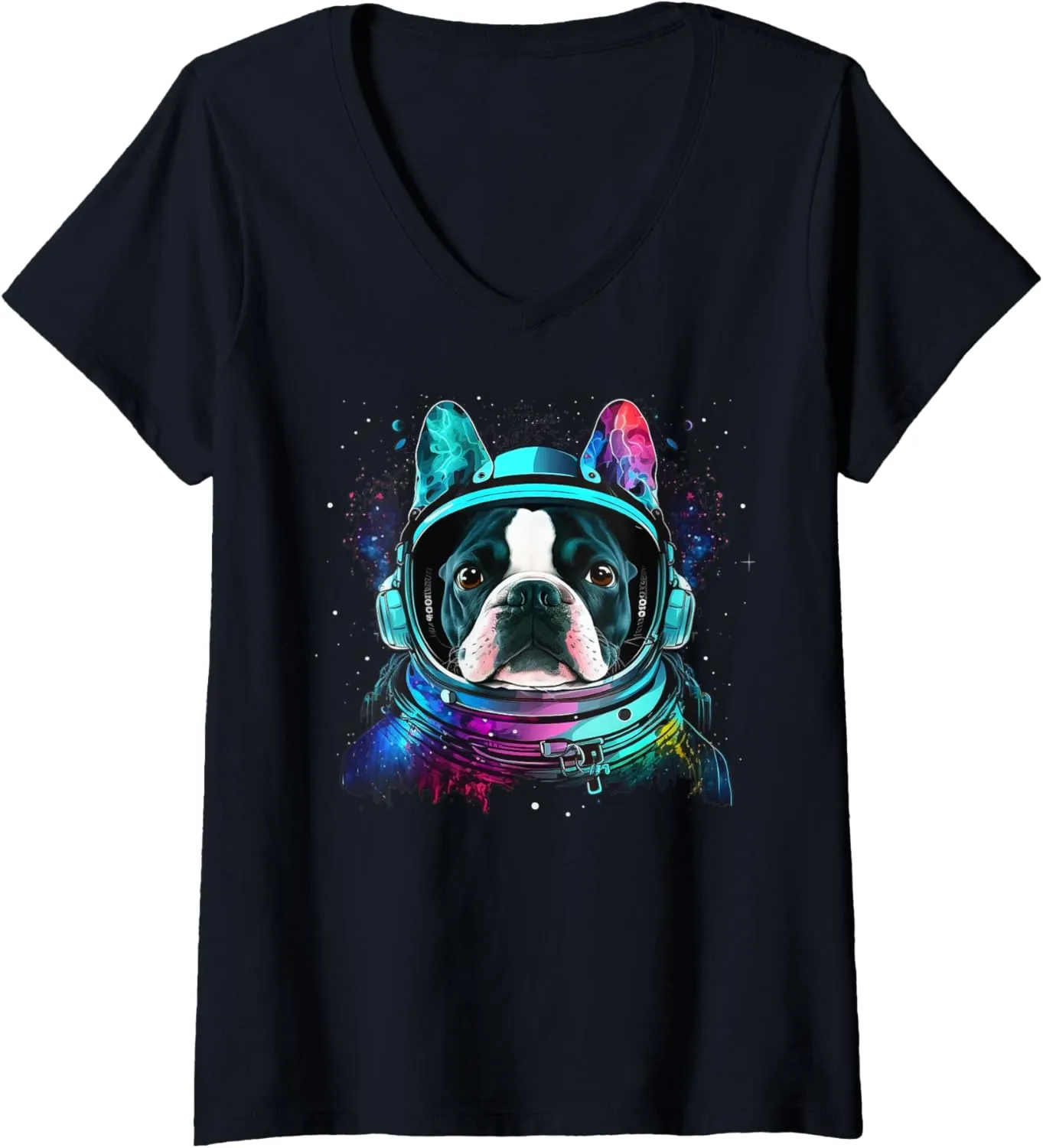 Womens Boston Terrier Astronaut Dog Colorful Cosmic Outer Space V-Neck T-Shirt
