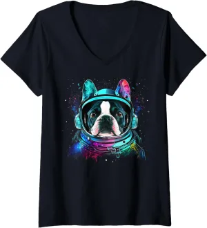Womens Boston Terrier Astronaut Dog Colorful Cosmic Outer Space V-Neck T-Shirt