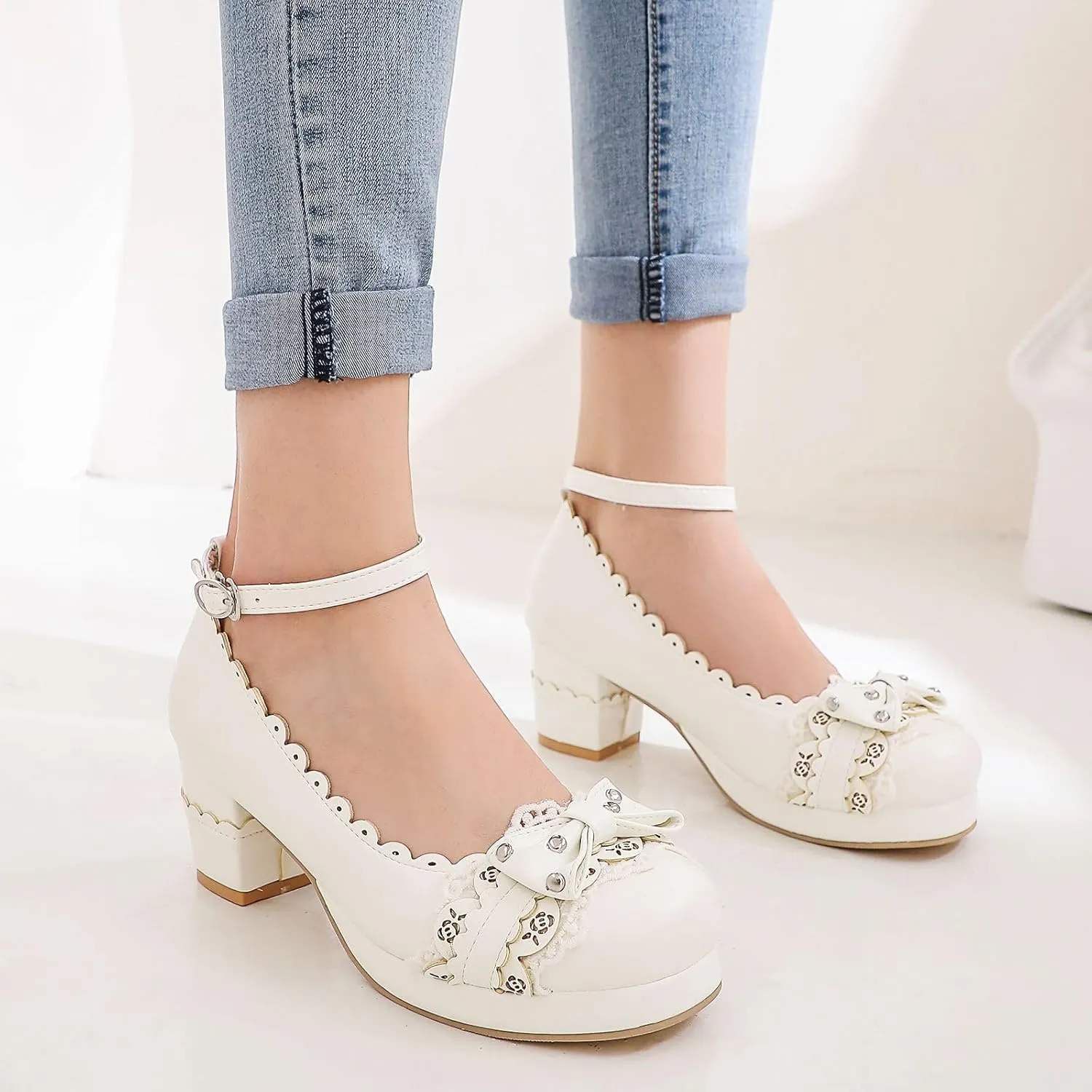 Women's Bow Cute Mary Janes Lolita Shoes, Ankle Strap Block Chunky Kawaii Heels, Closed Toe Cosplay Dress Platform Pumps