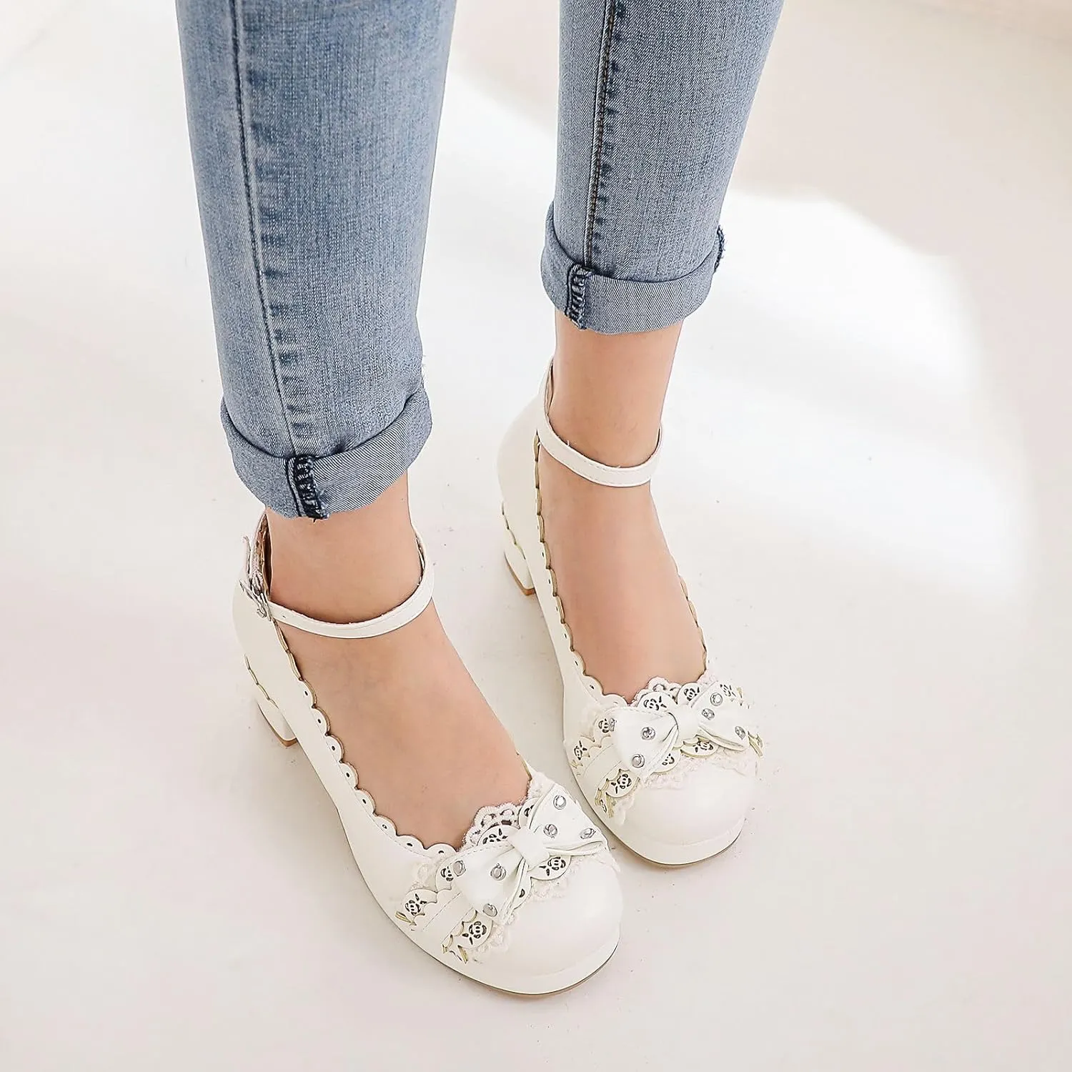 Women's Bow Cute Mary Janes Lolita Shoes, Ankle Strap Block Chunky Kawaii Heels, Closed Toe Cosplay Dress Platform Pumps