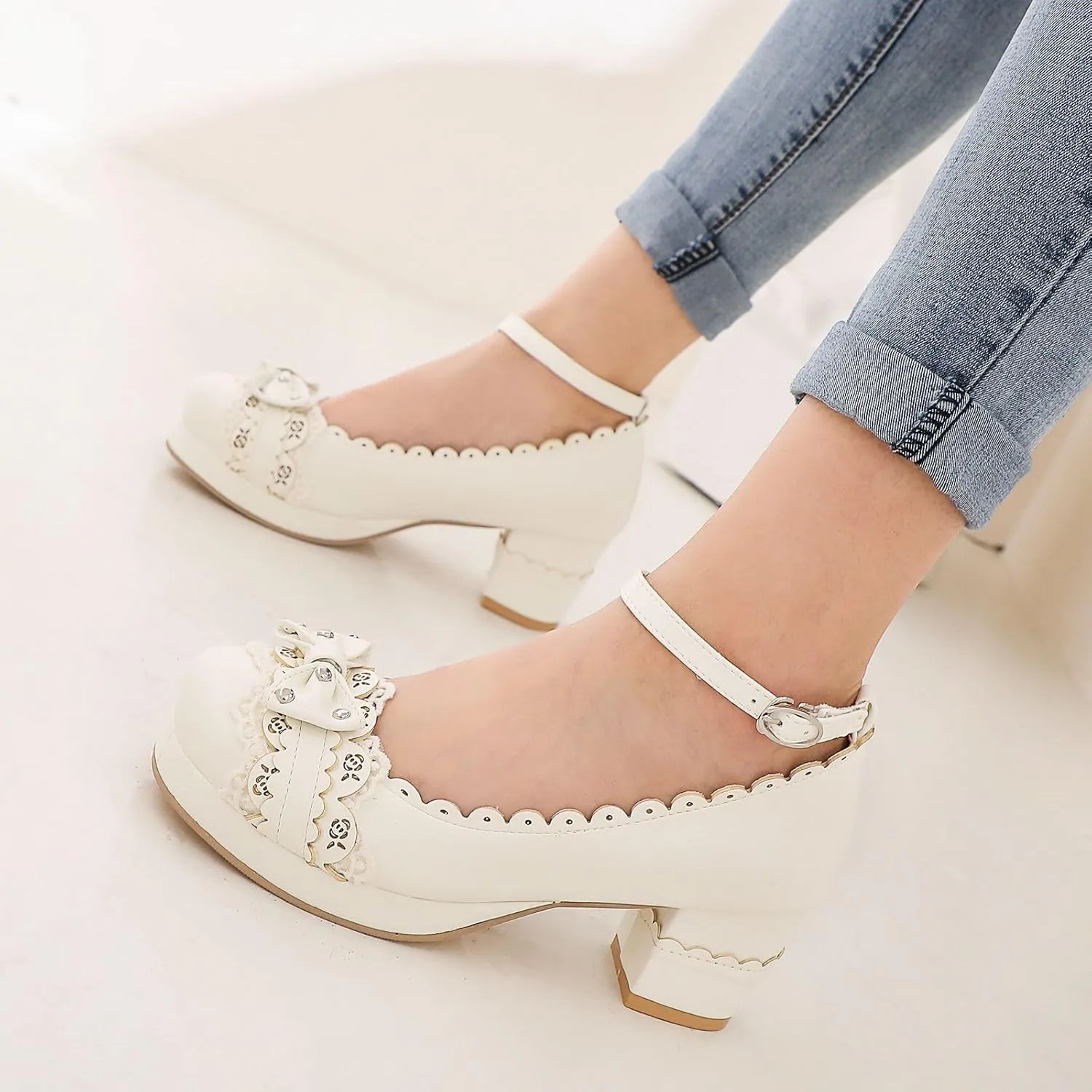 Women's Bow Cute Mary Janes Lolita Shoes, Ankle Strap Block Chunky Kawaii Heels, Closed Toe Cosplay Dress Platform Pumps
