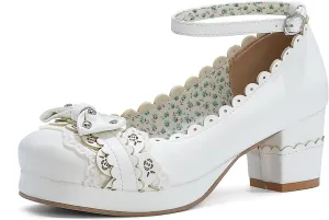 Women's Bow Cute Mary Janes Lolita Shoes, Ankle Strap Block Chunky Kawaii Heels, Closed Toe Cosplay Dress Platform Pumps