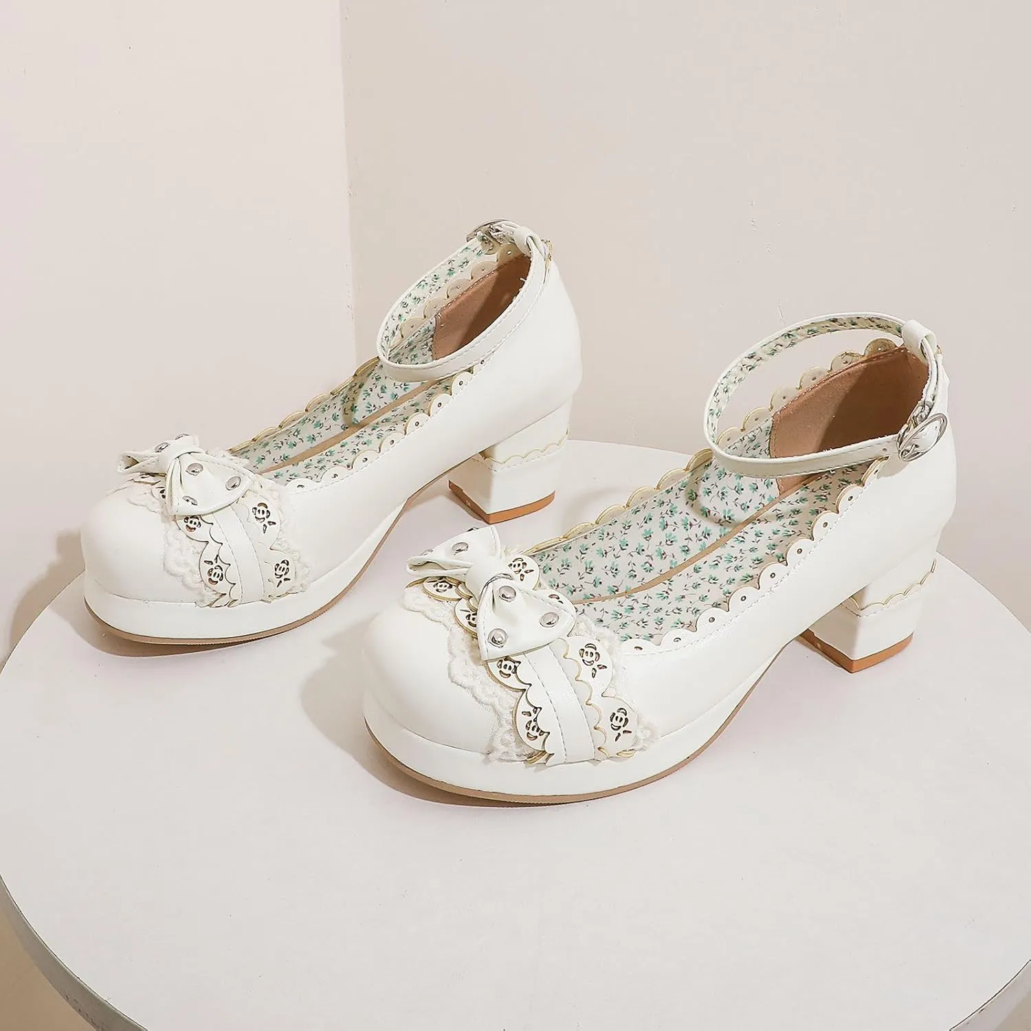 Women's Bow Cute Mary Janes Lolita Shoes, Ankle Strap Block Chunky Kawaii Heels, Closed Toe Cosplay Dress Platform Pumps