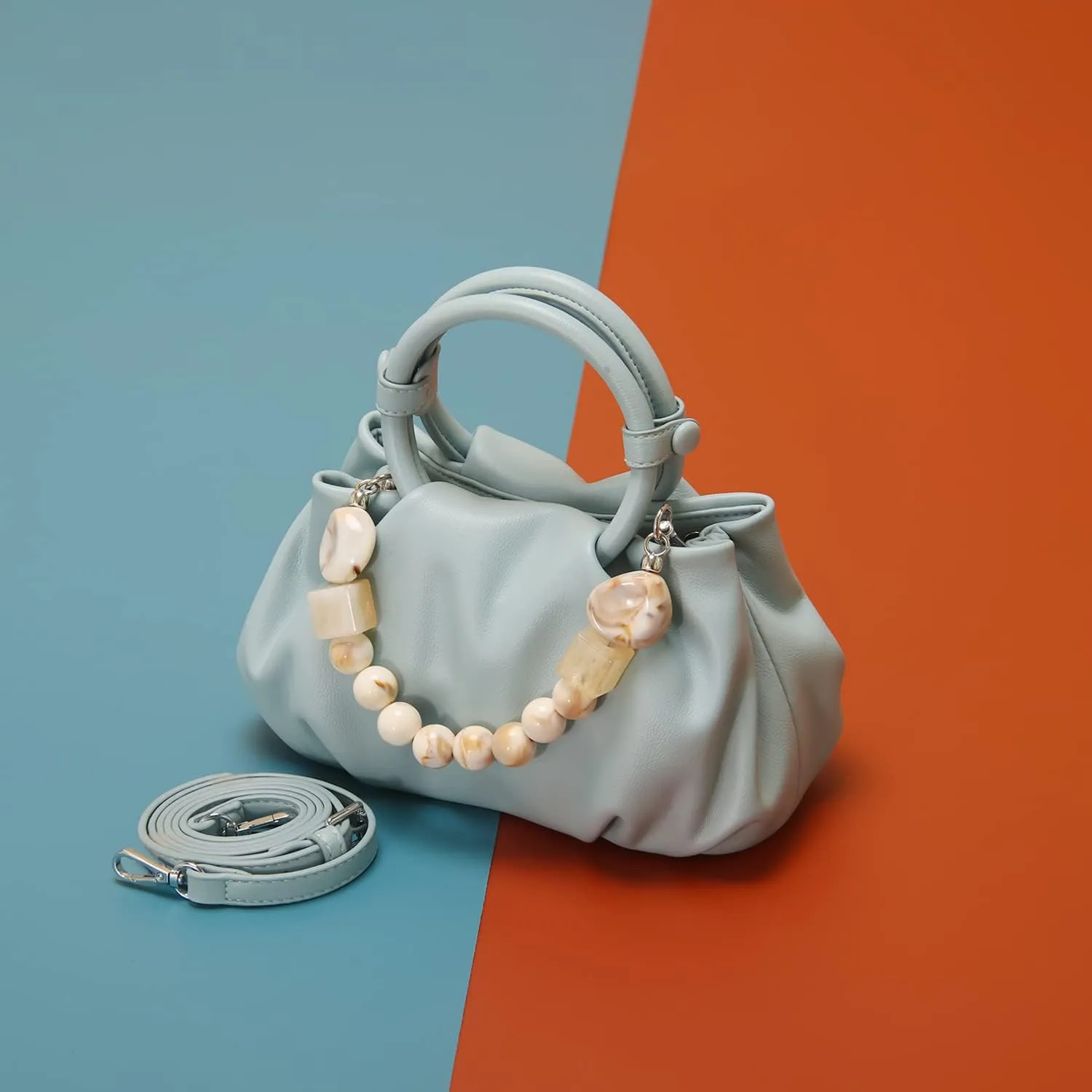 Women's Chain Pouch Bag,Cloud-Shaped Dumpling Clutch Purse, Ruched Chain Link Shoulder Handbag (Blue)