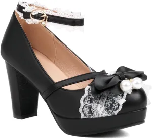 Women's Cute Buckle Chunky Block Mary Jane Bow Heels, Kawaii Ankle Strap Mary Jane Pumps, Vintage Almond Closed Toe Dress Platform Lolita Shoes
