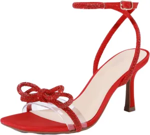 Women's Elegant Crystal-Embellished High Heel Sandals Retro Square Toe Cute Bowknot Stiletto Heels Adjustable Ankle Strap for Party Prom Weddings Dress Shoes