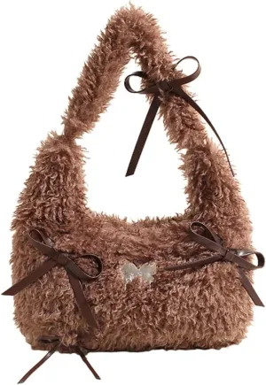 Women's Fluffy Faux Fur Shoulder Bags Fuzzy Underarm Bag Y2k Plush Purse Large Cute Bowknot Tote Handbags